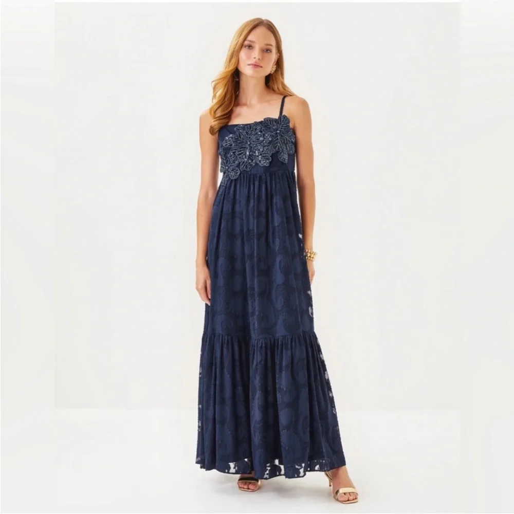 lilly pulitzer navy maxi dress Bernice | Low Tide This elegant maxi dress measures 56 inches from the top of the shoulder to the hem Lilly Pulitzer Women's Donita Floral